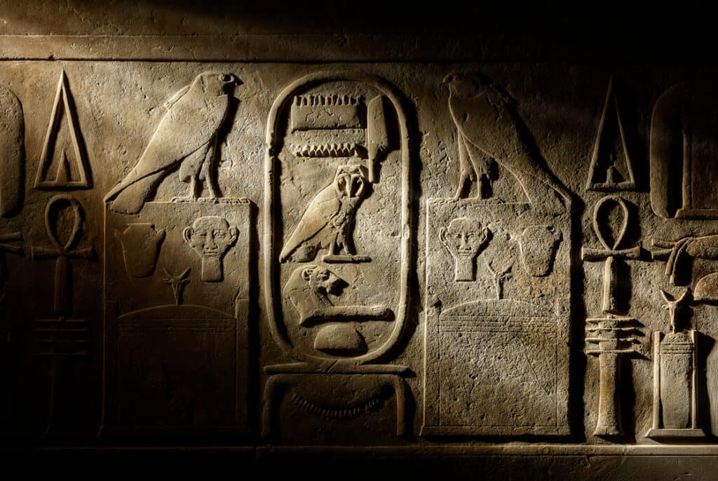 Hieroglyphs exhibition: Temple lintel of King Amenemhat III, Hawara, Egypt, 12th Dynasty, 1855–08 BC. © The Trustees of the British Museum
