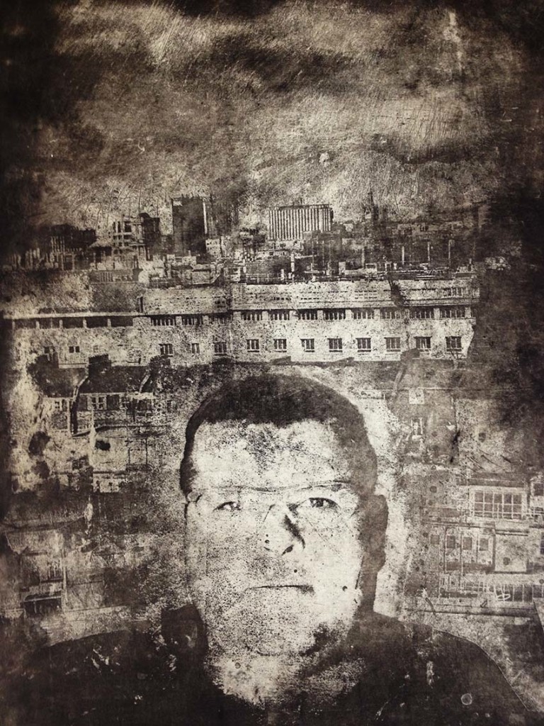 Hilary Powell, Portrait of Lyubomir Zaykov, Scudder Demolition Contractor. Print from a etching into reclaimed roofing