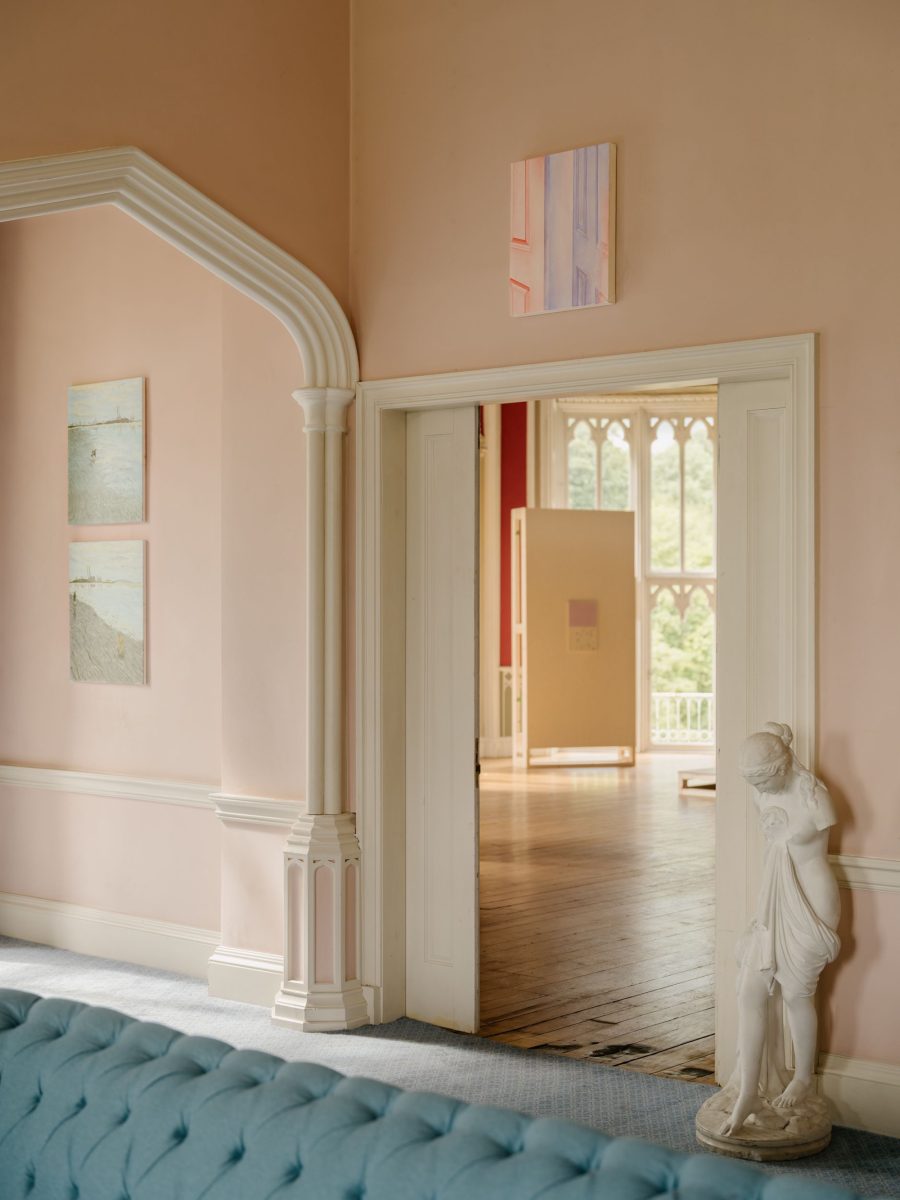 Installation view of the Drawing Room of Slane Castle. Phoebe Evans, Dual, 2025, hangs over the doorway into the ballroom. Photo: James Retief