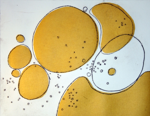 Oil in hot water, 2013 drypoint and chine collé image 23 x 17 cm. sheet A4 Edition of 12