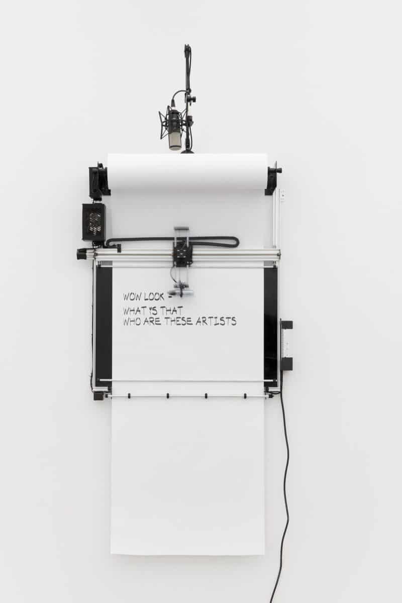 MSCHF Eavesdropper 1 (black), 2022 Paper, Sharpie Marker, Microphone, Electronics, Writing Arm & Gantry 104.1 × 170.2 cm | 41 × 67 inch