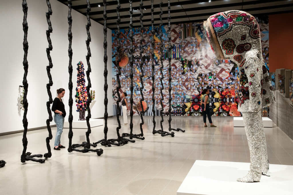 Installation view of Nick Cave works, In the Black Fantastic at Hayward Gallery, 2022.Copyright the artist; Photo_ Zeinab Batchelor, Courtesy of the Hayward Gallery