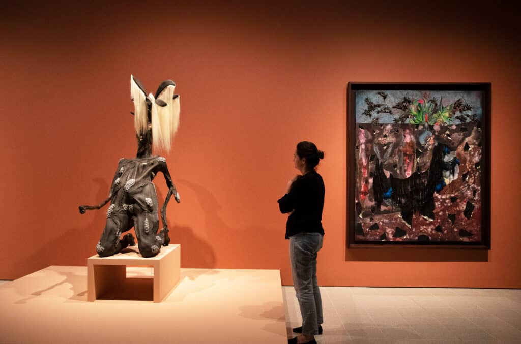 Installation view of Wangechi Muto works, In the Black Fantastic at Hayward Gallery, 2022. Copyright the artist; Photo_ Zeinab Batchelor, Courtesy of the Hayward Gallery