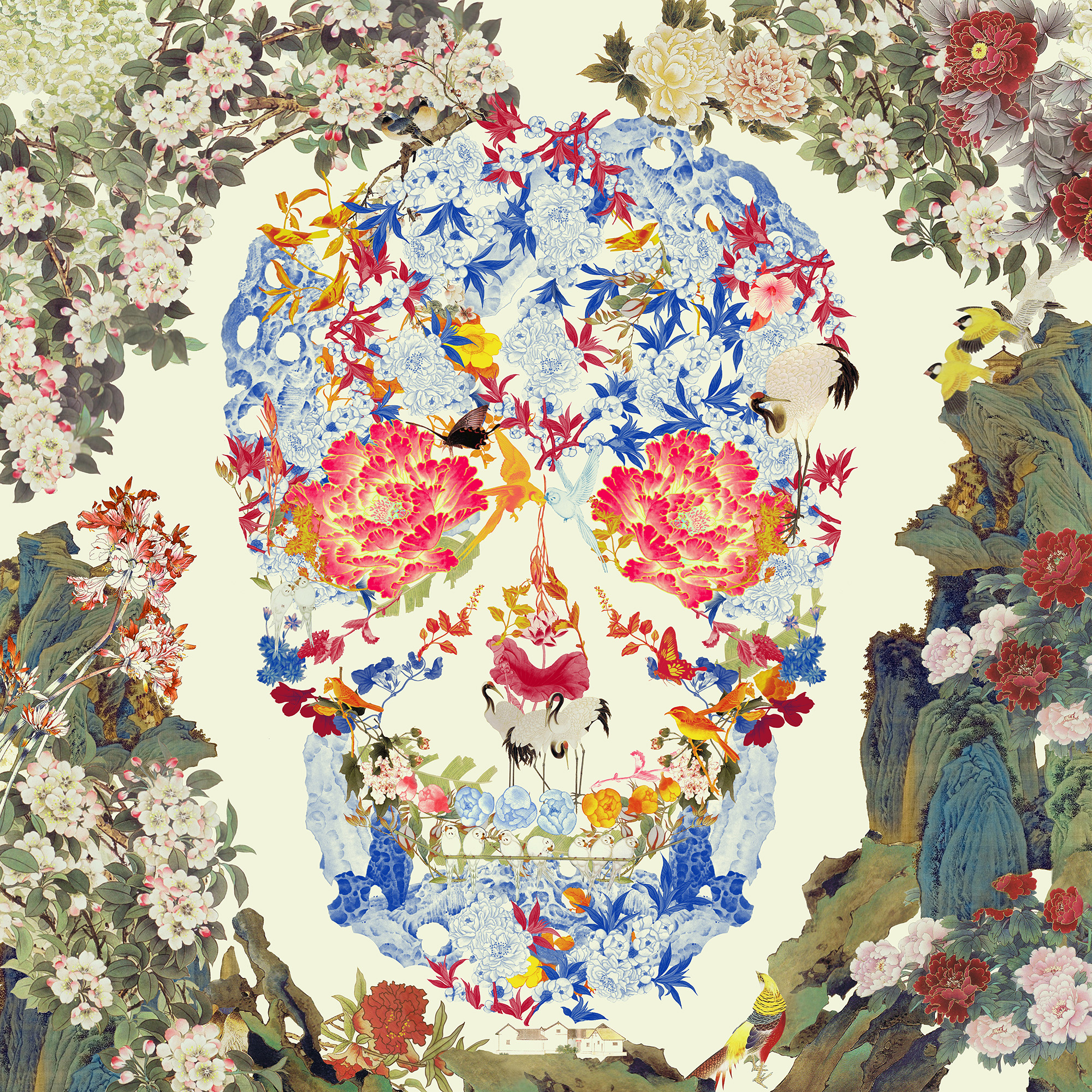 Jacky Tsai ‘Chinese Floral Skull, Yellow Lenticular’ (31.5 x 31.5 inches) FAD magazine 