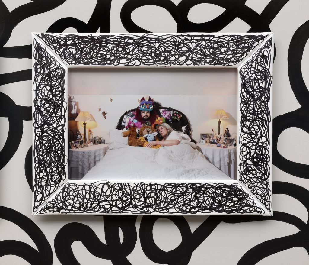 James Ostrer, Me And Mum In Her Bed 2, 2018, Digital archival print, permanent marker on canvas, 46,5 × 69 cm (framed 73,5 × 97 × 6 cm), Edition of 3 + 1 AP, unique frame