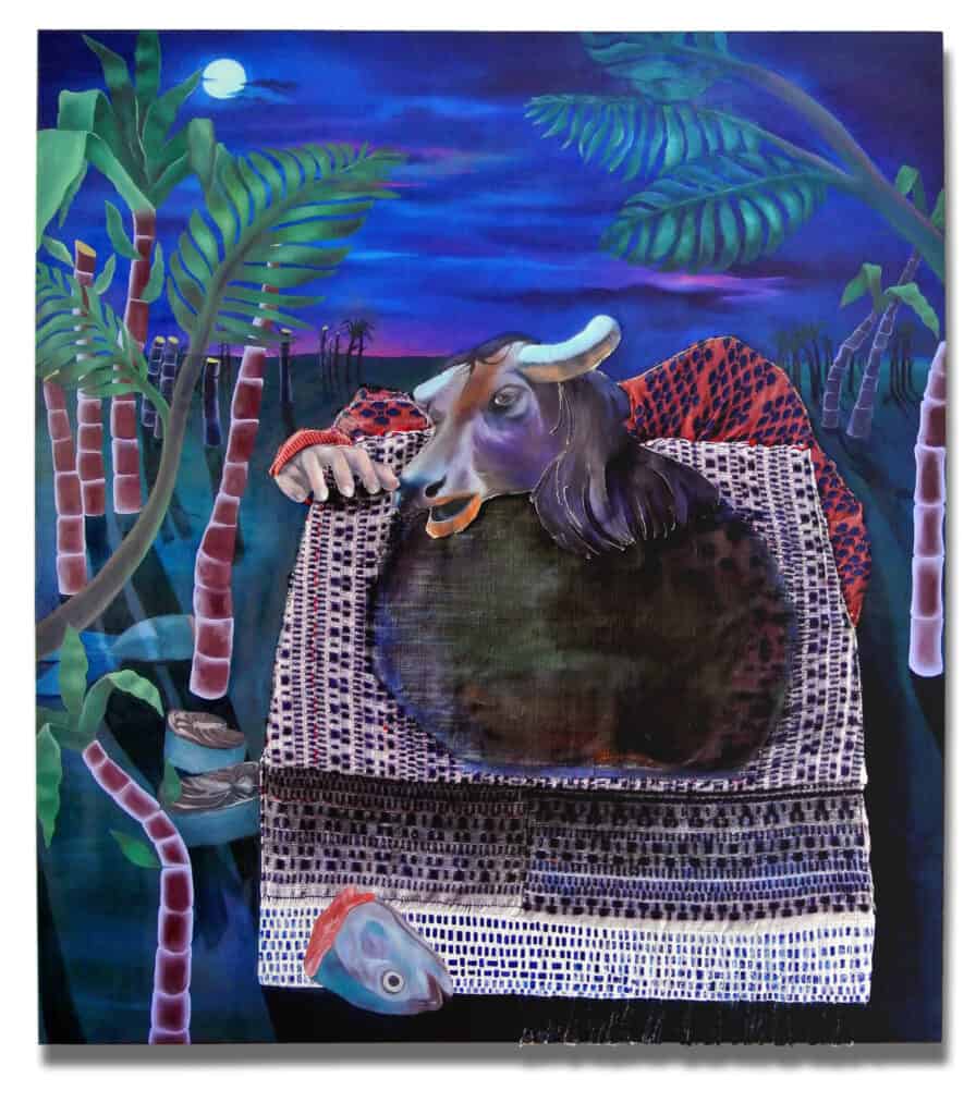 Jeanne F. Jalandoni, Sugarcane Milkfish, 2021-22, Oil on canvas, weaving and machine knit sewn to canvas, pastel, resin, epoxy, 172.7 x 162.6 cm (68 x 64 in.)