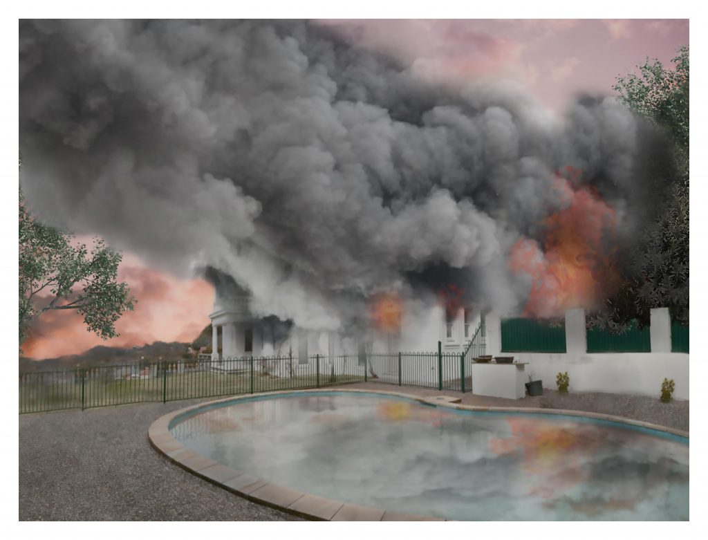 Jeremy Deller Artists impression of the Murdoch family home in Sydney Australia on fire