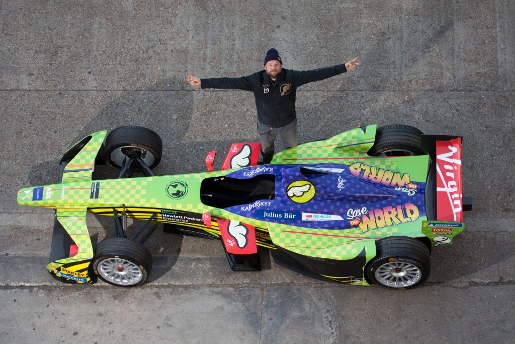 Kaspersky Lab and British artist D*Face unveil the first ever Formula-E art car in East London. PRESS ASSOCIATION Photo. Picture date: Tuesday, 25th September 2018. The car, commissioned by security giants Kaspersky Lab, will be on show during Moniker Art Fair at the Old Truman Brewery in London from 4th-7th October Photo credit should read: David Parry/PA Wire