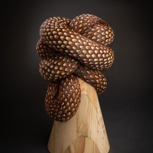 Rock Paper Scissors at CLOSE Gallery: A Study in Play, Materiality and Slow Looking Kate MccGwire TORQUE, 2025 Mixed media with pine base and pheasant feathers 50 x 35 x 35 cm Photography by JP Bland Courtesy of CLOSE and the artist)