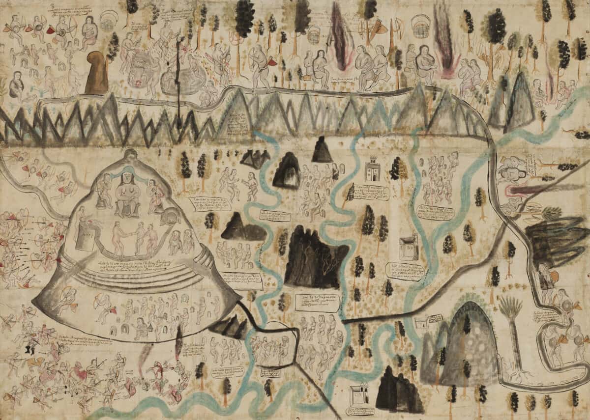 Map of Tequaltiche, Teocaltiche, Jalisco, Mexico, 1584Watercolour and ink on paper, 86.3 x 124.5 cmOn loan from The Hispanic Society of America, New York, NY