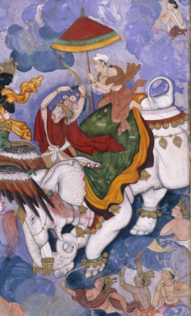 Krishna and Indra', about 1590, Lahore, watercolour painting and gold on paper (c) Victoria and Albert Museum, London