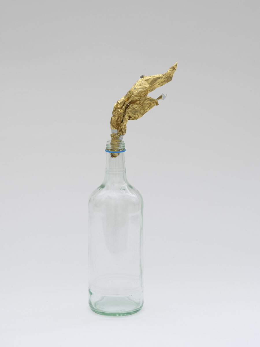 Gavin TurkFire WaterGold foil, glass bottle and shelf36.2cm x 9.8cm x 7.7cm 2019