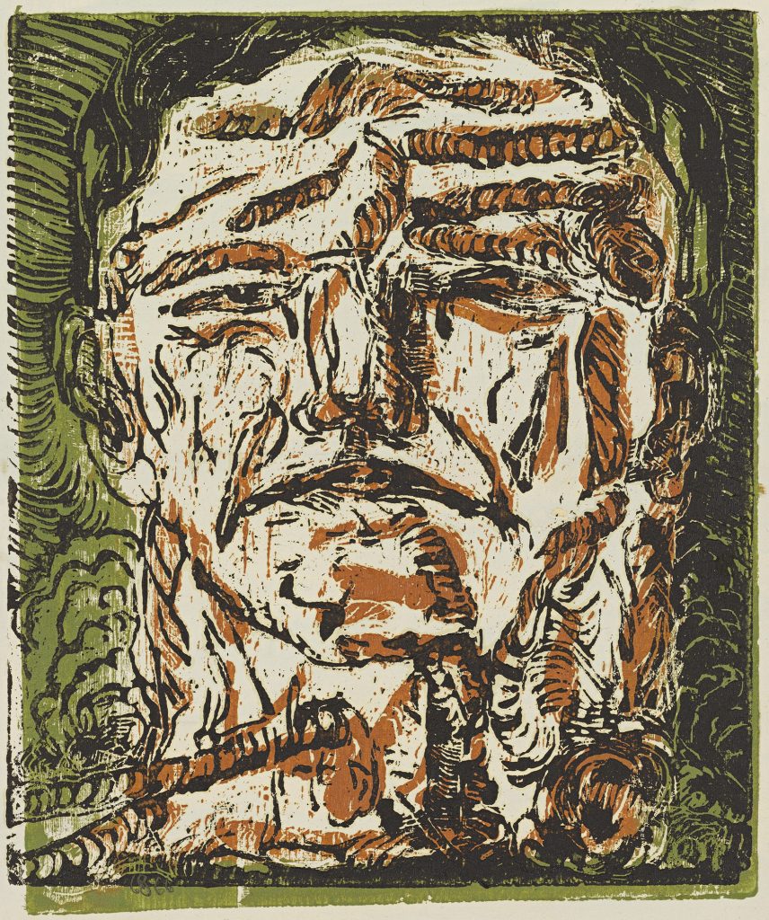 Georg BaselitzGroßer Kopf (Large Head), 1966Chiaroscuro woodcut, printed from two blocks, in black over brown and green,on primed paper47.6 x 40.3 cmPrivately owned© Georg BaselitzPhoto: Jochen Littkemann, Berlin