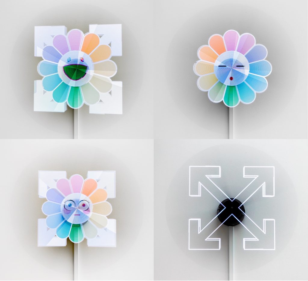 Virgil Abloh x Takashi Murakami Illusion, Arrows and Flower (2018) LED holographic effect monitor 60 x 60 x 19 cm Courtesy of Gagosian FAD magazine