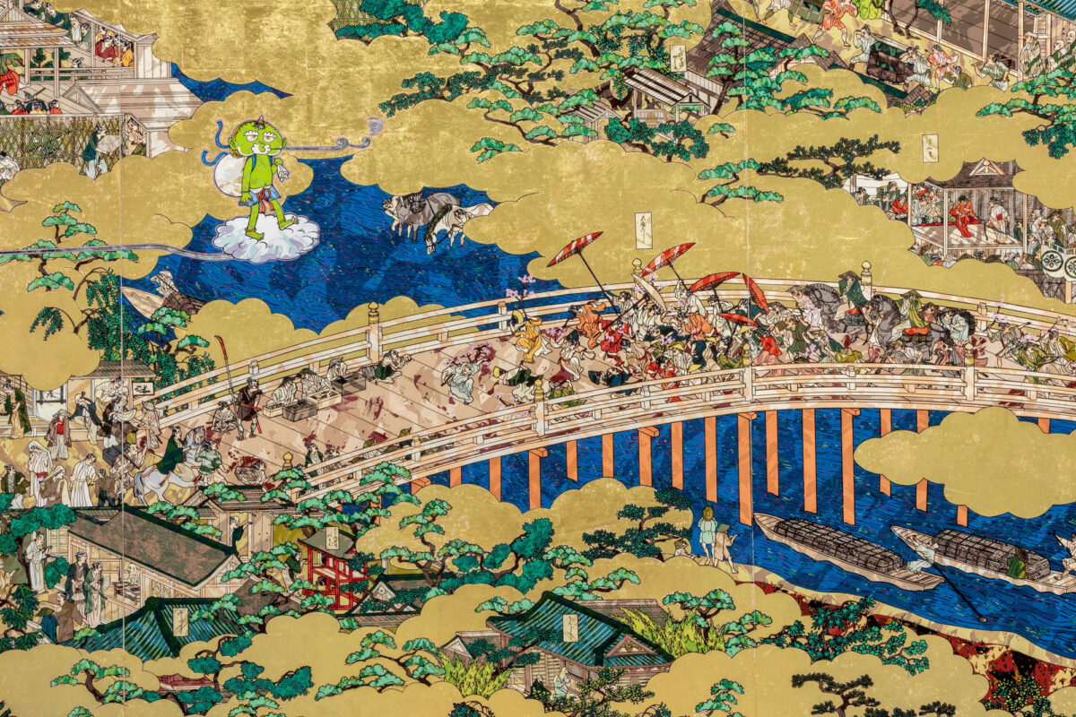 Takashi MurakamiRakuch?-Rakugai-zu By?bu: Iwasa Matabei RIP, 2023–24 (detail)Acrylic and gold leaf on canvas mounted on wood panel, in 2 partsOverall: 9 feet 10 ? inches × 42 feet 10 ? inches (3 × 13.1 m)© 2023-2024 Takashi Murakami/Kaikai Kiki Co., Ltd. All Rights ReservedPhoto: Kei OkanoCourtesy Gagosian