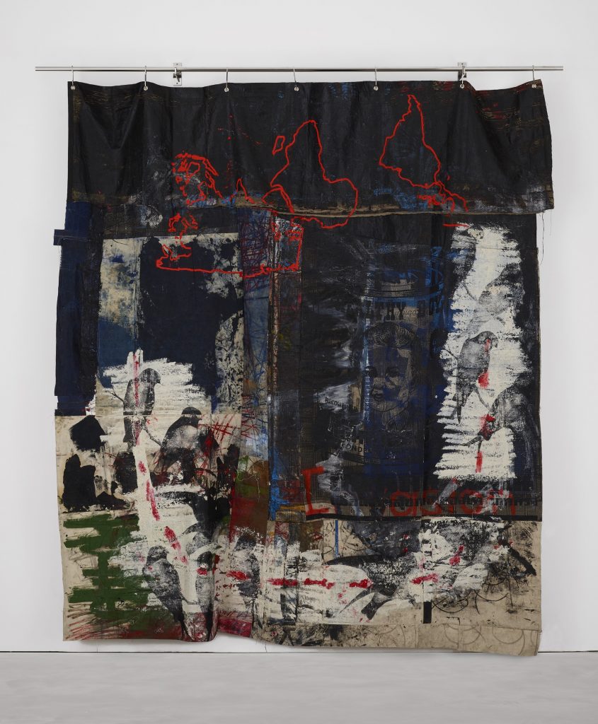 Oscar Murillo, violent amnesia, 2014-2018. Graphite, oil, oil stick, grommets and stainless steel on canvas and linen. 300 x 164 x 15 cm. Courtesy the artist. Photograph: Matthew Hollow