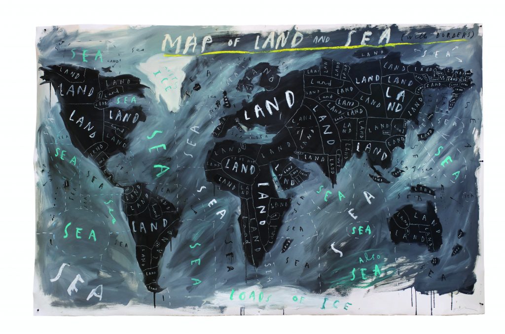 Map of Land and Sea with Borders-2018-oil and oil stick on paper-Oliver Jeffers-courtest of Lazinc and artist