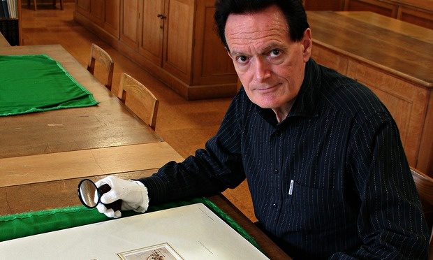 Art historian Martin Kemp examines Leonardo drawings in the Ashmolean Museum, Oxford. Photograph: John Baxter for the Observer