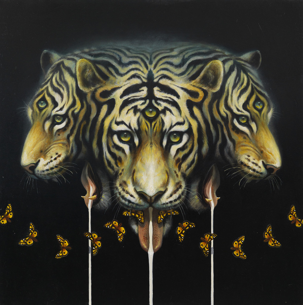 Martin Wittfooth, Mother's Milk, 2015, oil and gold leaf on canvas, 38 x 38 inches