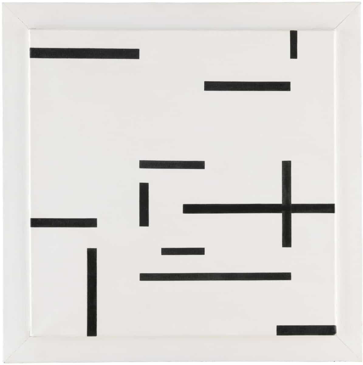 Marlow Moss,White and Black (No 27),1948.Oil on canvas, paint on wood.Purchased with the support of Pon and the Rijksmuseum Fonds: the Irma Theodora Fonds, the‘Vrouwenvan het Rijksmuseum’ Fonds (‘Women of the Rijksmuseum’ Fund), and a privatebenefactor