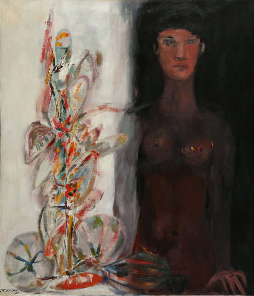 Mariano Rodríguez. Mujer con flores (Woman with Flowers), 1967. Latin Art Core, Miami. © Fundación Mariano Rodríguez