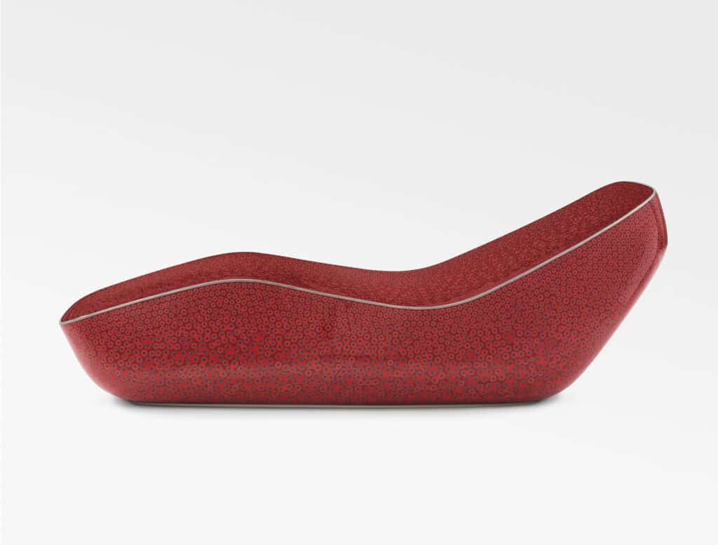 MARC NEWSON Cloisonné Red Lounge, 2019 Cloisonné enamel, copper 30 x 69 11/16 x 30 11/16 in 76.2 x 177 x 77.9 cm Edition of 3 + 2 AP © Marc Newson Courtesy Gagosian