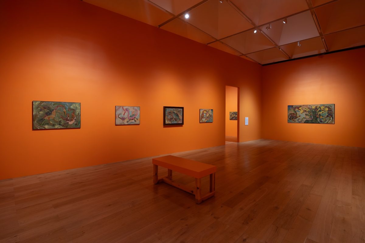Chico da Silva exhibition installed on orange walls at Nottingham Contemporary