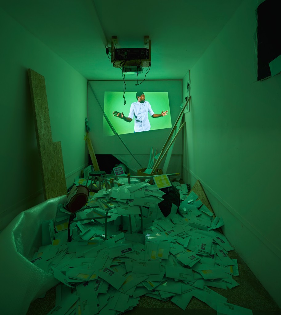 Nástio Mosquito at Oratorio di San Ludovico, Venice 2015, Installation photograph of 'Demo da Cracía' 2013, Video, courtesy the artist and Ikon. Photo by Giulio Favotto