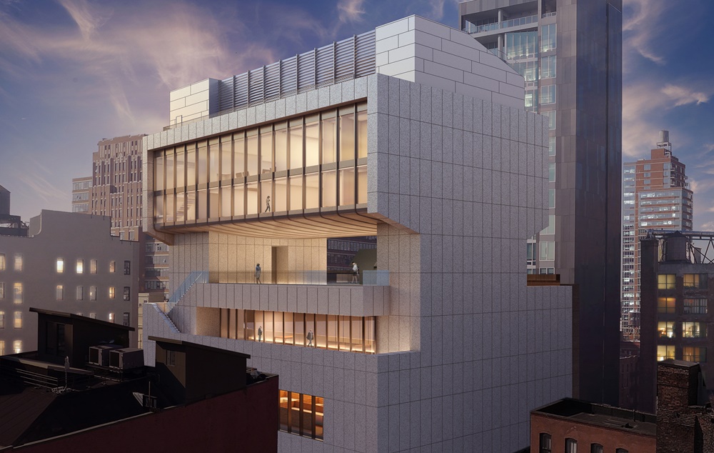 Architectural rendering of the south east façade of 540 West 25th Street, New York. Image courtesy of Bonetti /Kozerski Architecture.