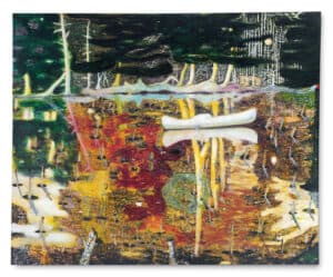 Peter Doig, White Canoe Swamped (1990) is an exquisitely rendered masterpiece by Peter Doig, dating from a seminal moment in the artist's career. Painted in 1990, it captures the mesmerizing atmosphere of a moonlit lagoon, with a mysterious white canoe situated at its heart.
