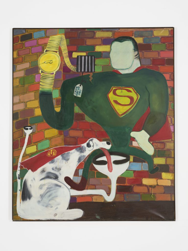 Peter Saul, Superman and Superdog in Jail, 1963. Oil on canvas, 75 x 63 in (190.5 x 160 cm). Collection KAWS. Photo: Farzad Owrang FAD MAGAZINE