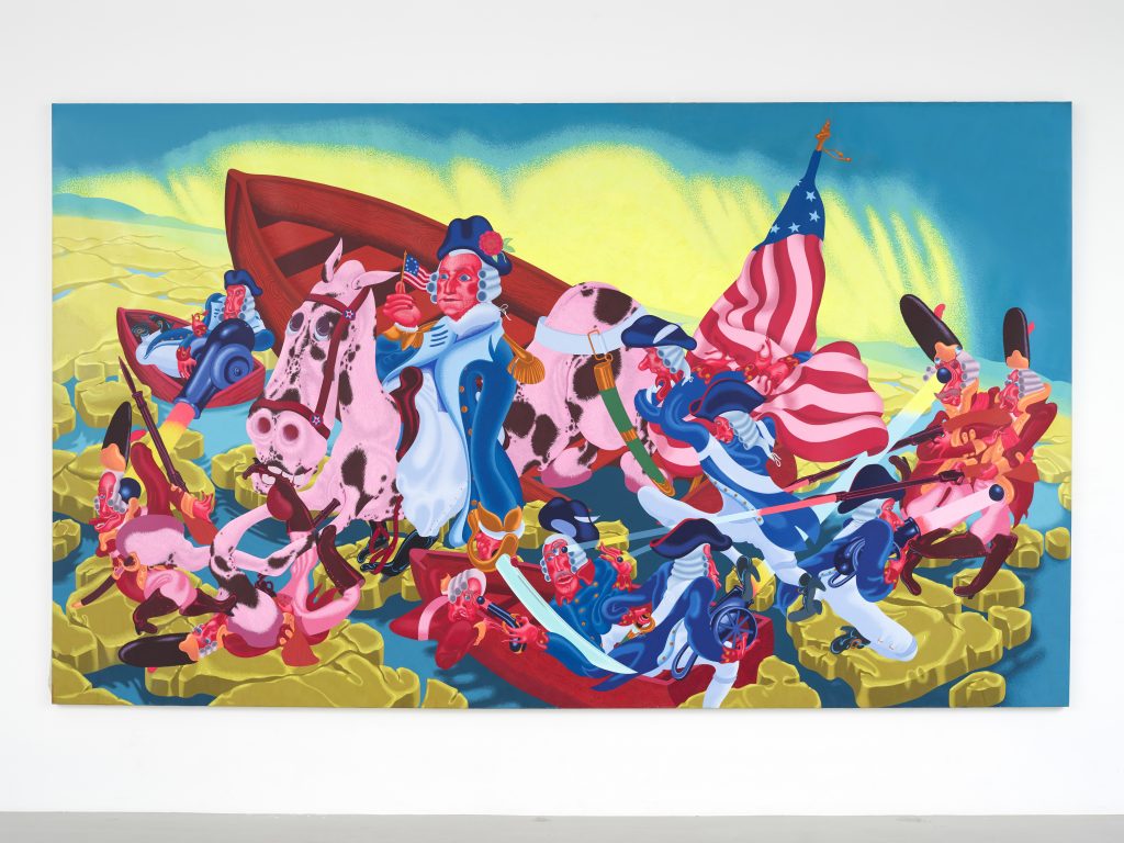 eter Saul, Washington Crossing the Delaware, 1975. Oil on canvas, 89 x 150 1/2 in (226.1 x 382.3 cm). Collection KAWS. Photo: Farzad Owrang FAD MAGAZINE