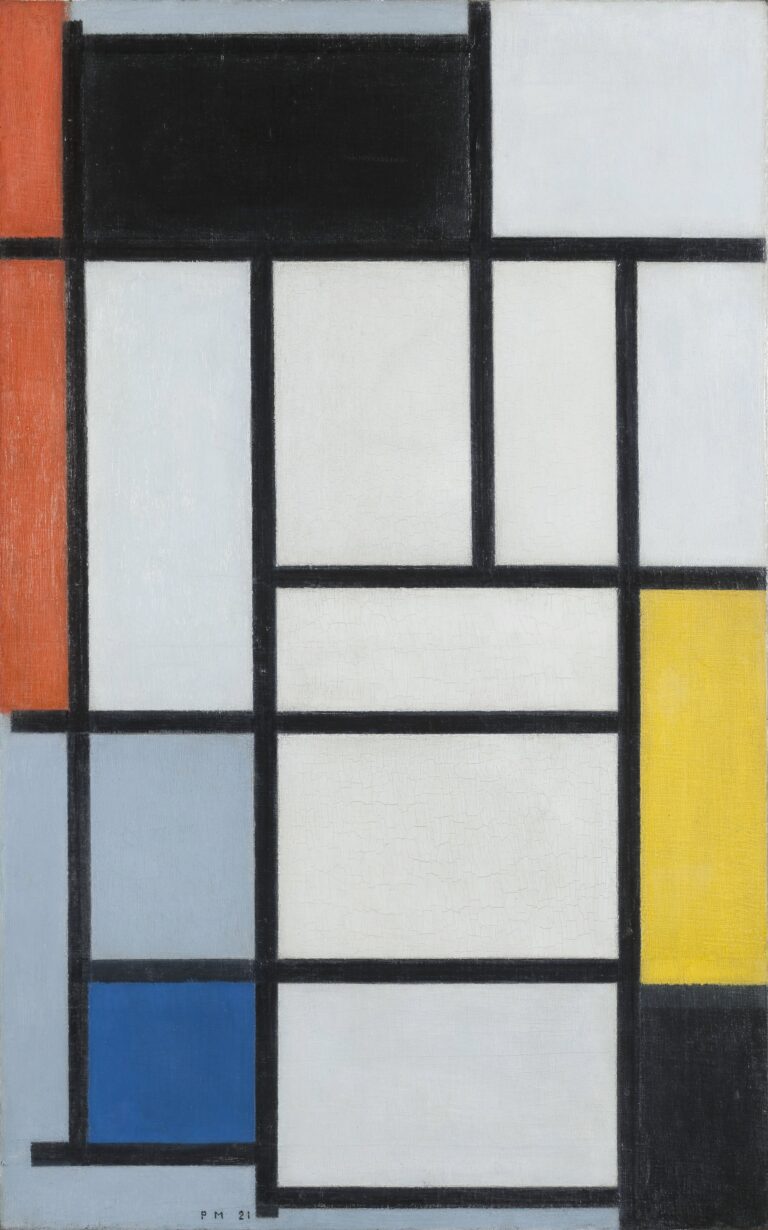 Piet-mondrian-composition-with-red-black-yellow-blue-and-gray-1921 