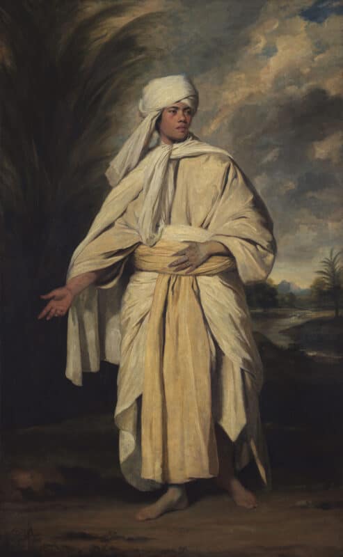 Portrait of Mai (Omai), Sir Joshua Reynolds c 1776, Oil on canvas; 236 x 145.5cm. Image courtesy of National Portrait Gallery, London and Gett y Purchased jointly with the J. Paul Getty Trust, with significant support from the National Herita ge Memorial Fund and Art Fund, major contributions from the Portrait Fund, Deborah Loeb Brice Foundation and the Hans and Julia Rausing Charitable Trust, and support from the Idan and Batia Ofer Family Foundation and the David and Emma Verey Charitable Tru st, alongside contributions following an appeal by the National Portrait Gallery and Art Fund, 2023