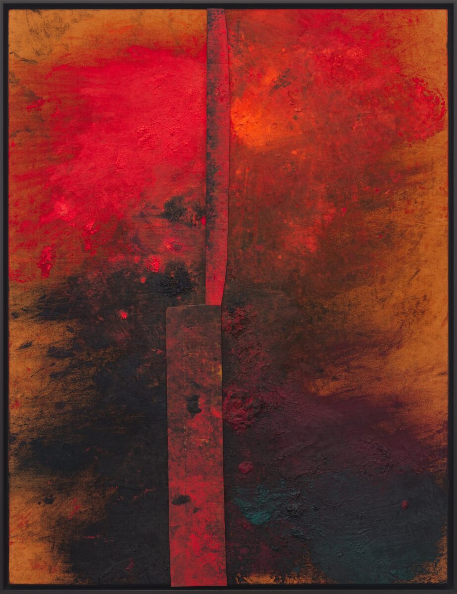 Sterling Ruby TURBINE. En Saga., 2024 Acrylic, oil, and cardboard on canvas Framed: 58 7/8 x 45 3/8 x 3 1/4 inches (149.5 x 115.3 x 8.3 cm)© Sterling RubyPhoto: Sterling Ruby Studio Courtesy the artist and Gagosian