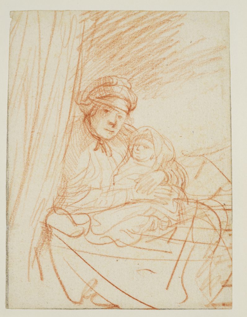 Rembrandt Harmensz van Rijn, Saskia Sitting Up In A Bed, Holding a Child (1640), chalk on paper, 10.6 x 14.1 cm. The Courtauld Gallery. © The Samuel Courtauld Trust, The Courtauld Gallery, London. FAD MAGAZINE 