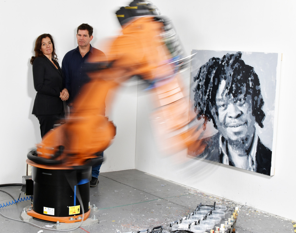 Rob and Nick Carter portrait with Yinka Shonibare Robot Painting