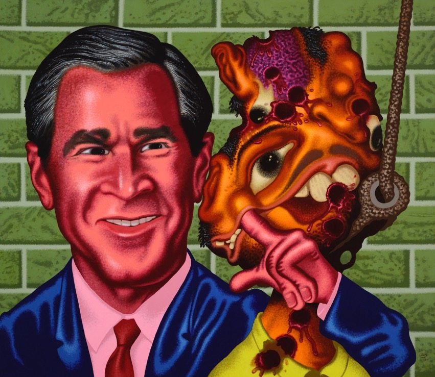 Peter Saul, Bush at Abu Ghraib, 2006, Acrylic on canvas, 198 x 228,5 cm, Hall Collection, © Peter Saul, Courtesy Hall Art Foundation, Photo: Jeffrey Nintzel