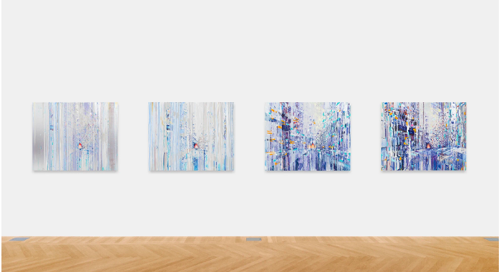 Quartet (Mondrian suite), 2019 Oil paint, acrylic paint, acrylic polymers, ink, aluminum, archival paper, graphite, diabond and wood, in four parts. Each: 40 x 50 inches (101.6 x 127 cm) © Sarah Sze Courtesy Gagosian