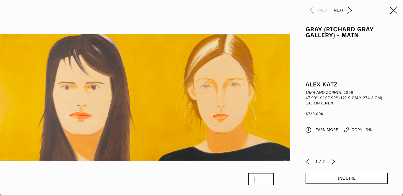 ALEX KATZ INKA AND ZOPHIA, 2009 47.99'' X 107.99'' (121.9 CM X 274.3 CM) OIL ON LINEN $725,000 FAD MAGAZINE