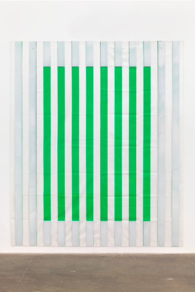 DANIEL BUREN PHOTO SOUVENIR: PAINT ON/UNDER PLEXIGLAS ON SERIGRAPHY, FRAMING NO. 1 GREEN, SITUATED WORK, 2013 98.43'' X 82.68'' (250 CM X 210 CM) ACRYLIC PAINT ON PLEXIGLASS OVER STRIPED COTTON CANVAS $200,000 FAD MAGAZINE