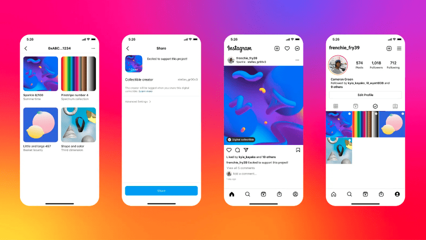 People can display their NFTs on Instagram by connecting their crypto wallets. NFTs are indicated via a hexagon and the label “Digital Collectible”. Photo: Meta