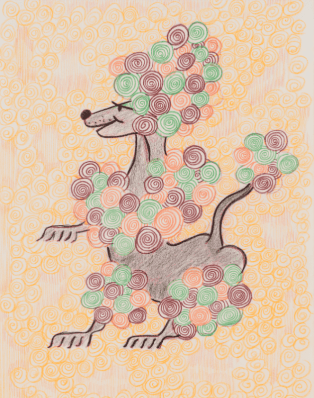 General Idea, Continental Poodle in Curlers, 1991, coloured pencil on sketchbook paper, 35.5 x 26.5 cm