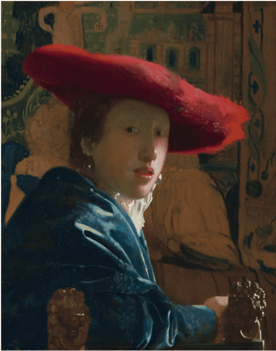 Girl with the Red Hat , 1664 - 67 , Johannes Vermeer, oil on panel . National Gallery of Art, Washington , Andrew W. Mellon Collection