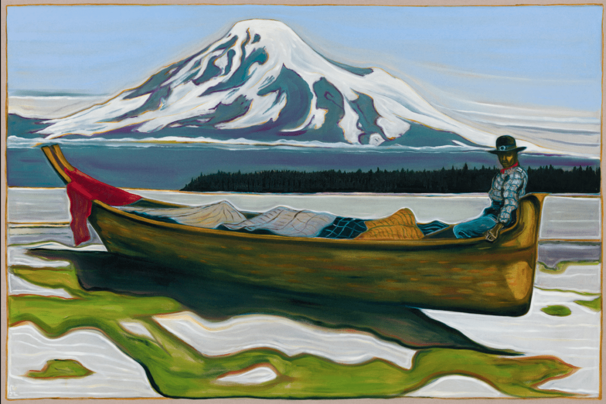 BILLY CHILDISH salish canoe and mount tahoma, 2022 oil and charcoal on linen 72 x 108 inches Courtesy the artist and Lehmann Maupin, New York, Hong Kong, Seoul, and London.
