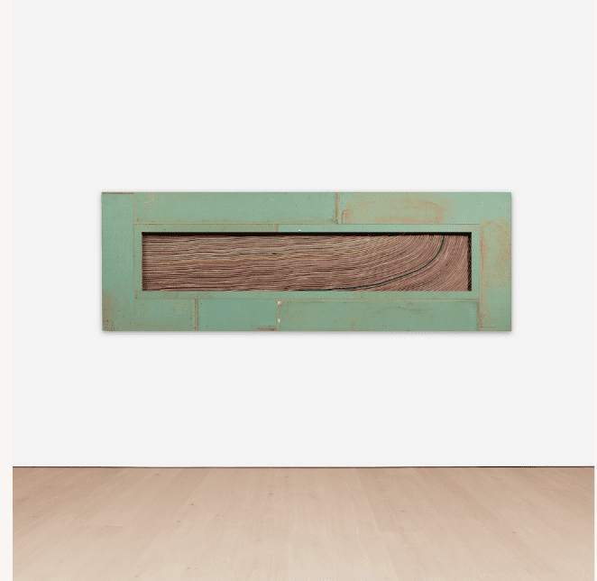 Theaster Gates Topological Study with Hose wood, fire hose and cork board, with staples 94.1 x 276.9 x 25.4 cm (37 x 109 x 10 in.) Executed in 2012. Full Cataloguing Estimate £150,000 - 200,000 ‡