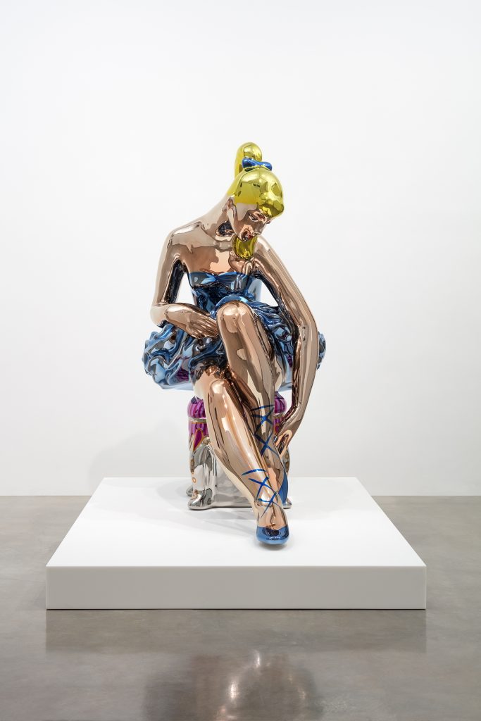 Jeff Koons (b. 1955)Seated Ballerinamirror-polished stainless steel with transparent colour coating210.8 x 113.5 x 199.8 cm© Jeff KoonsArtist’s proofEdition of 32010–2015