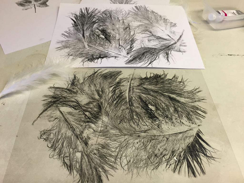 TES monoprinting with feathers