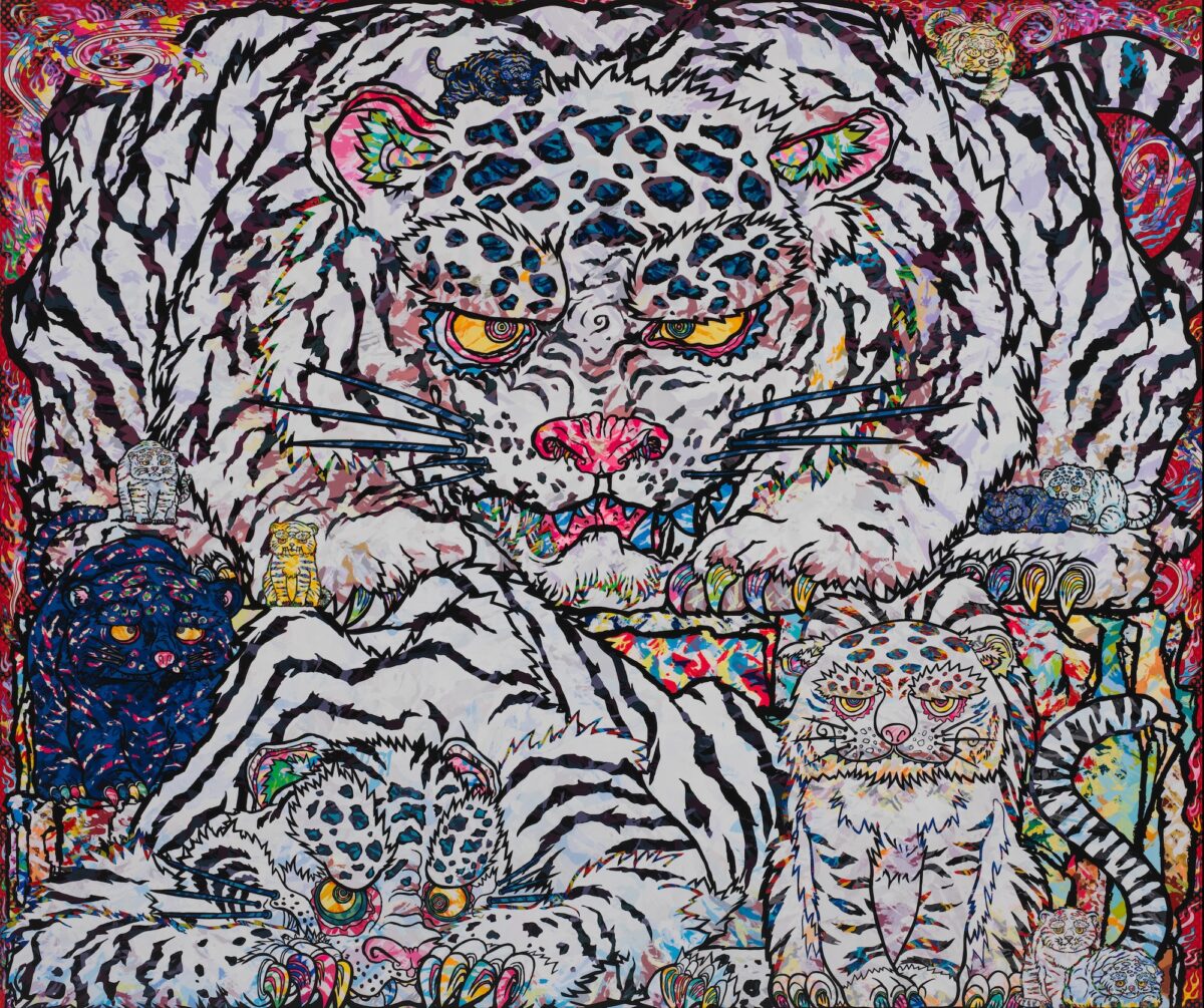 Takashi MurakamiWhite Tiger and Family, 2024Acrylic on canvas mounted on aluminum frame70 7/8 x 84 5/16 inches (180 x 214.1 cm)© 2024 Takashi Murakami/Kaikai Kiki Co., Ltd. All Rights Reserved.Photo: Kei OkanoCourtesy Gagosian