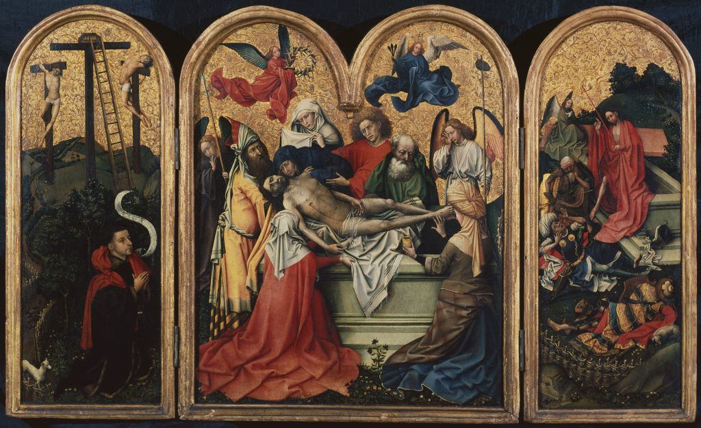 Master of Flemalle (Robert Campin?) (c.1375-1444) The Entombment Triptych (central panel), c.1425 Oil and gold leaf on panel Centre 65.2 x 53.6 cm Wings 64.9 x 26.8 cm